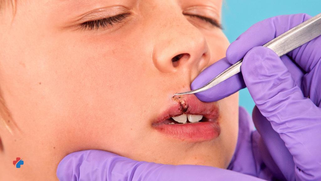 close up of child face with stitches on lip, hands with purple gloves holding tweezers are removing sutures or removing stitches