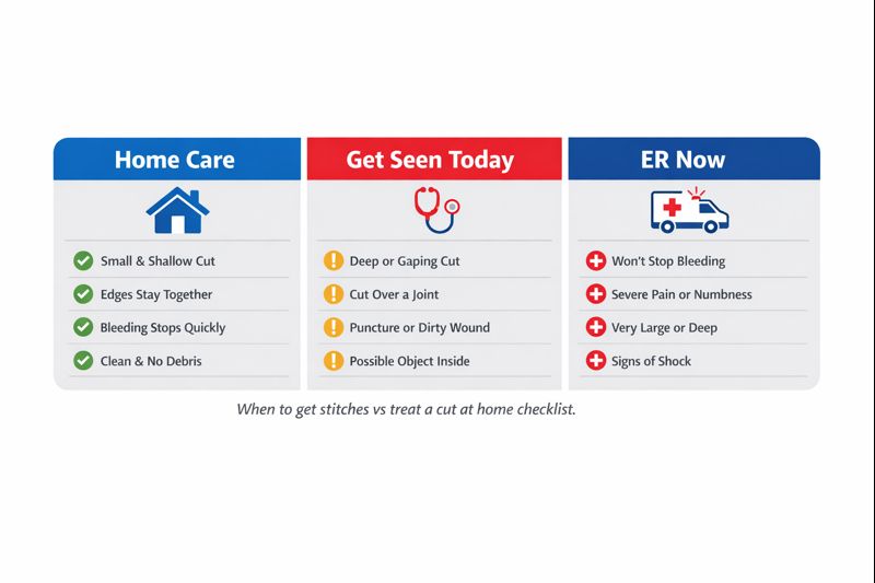 When to get stitches vs treat a cut at home checklist with Home Care, Get Seen Today, and ER Now